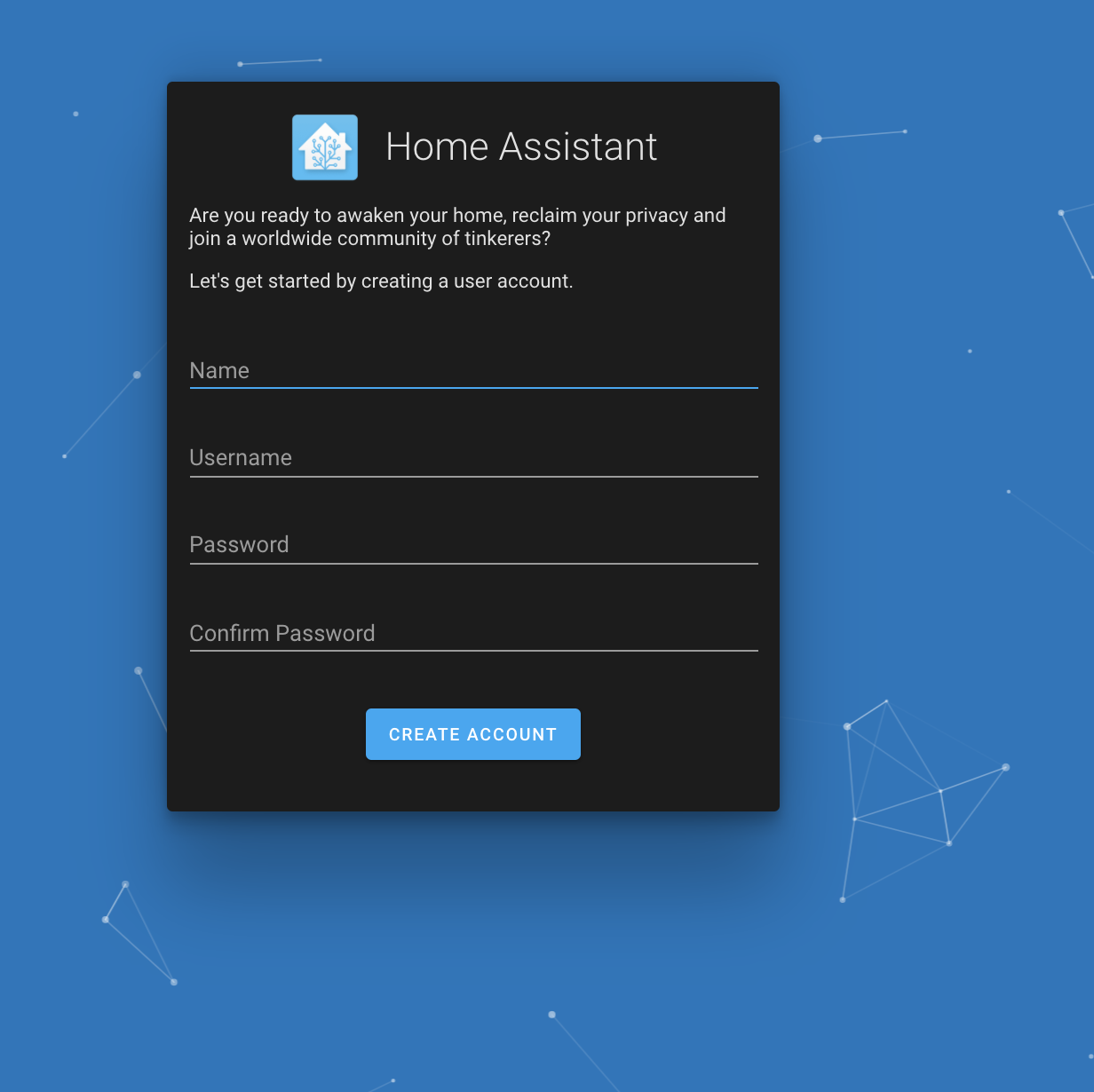 Home Assistant admin screen